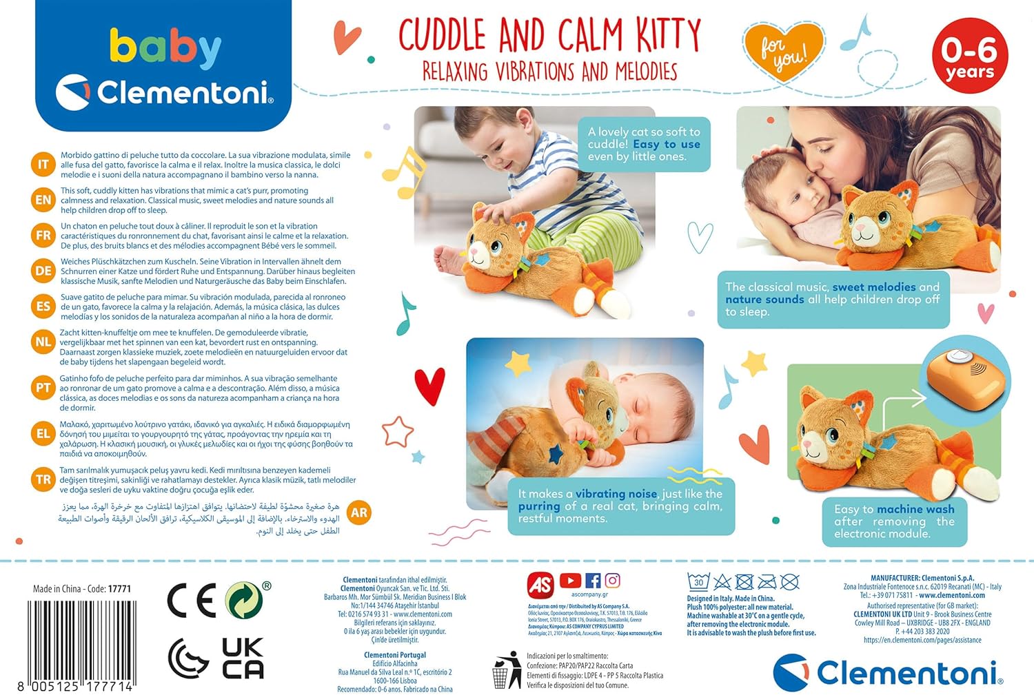 Clementoni- Soft Plush Kitty Toy: Calming Bed Time Interactive Cat Toy with Lights, Sounds Purring & Sweet Melodies for Babies (0+ Months)