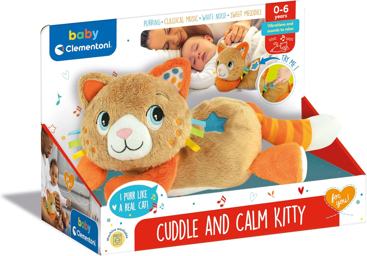 Clementoni- Soft Plush Kitty Toy: Calming Bed Time Interactive Cat Toy with Lights, Sounds Purring & Sweet Melodies for Babies (0+ Months)