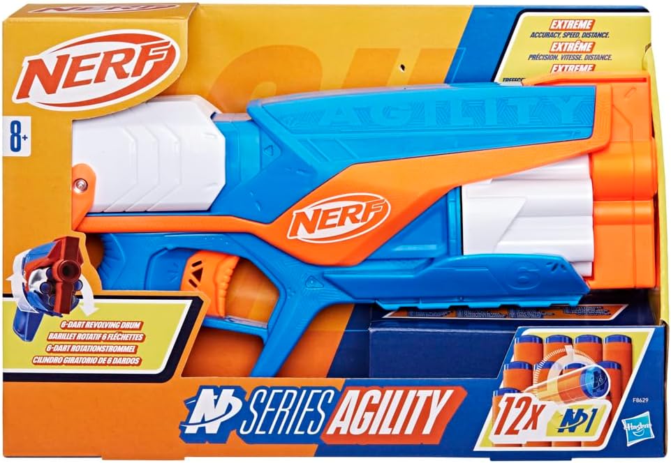 Nerf N Series Agility Blaster, leichte Bauweise mit rotierender Trommel und Spannschlitten für extra Lange Reichweite, 12 Nerf Darts, Jungen und Mädchen