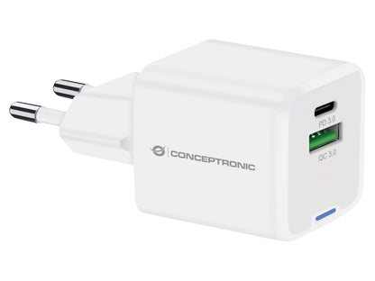 CONCEPTRONIC USB Charger PD GaN 2 Port 20W, USB-C x 1, USB-A x 1, QC 3.0, PPS