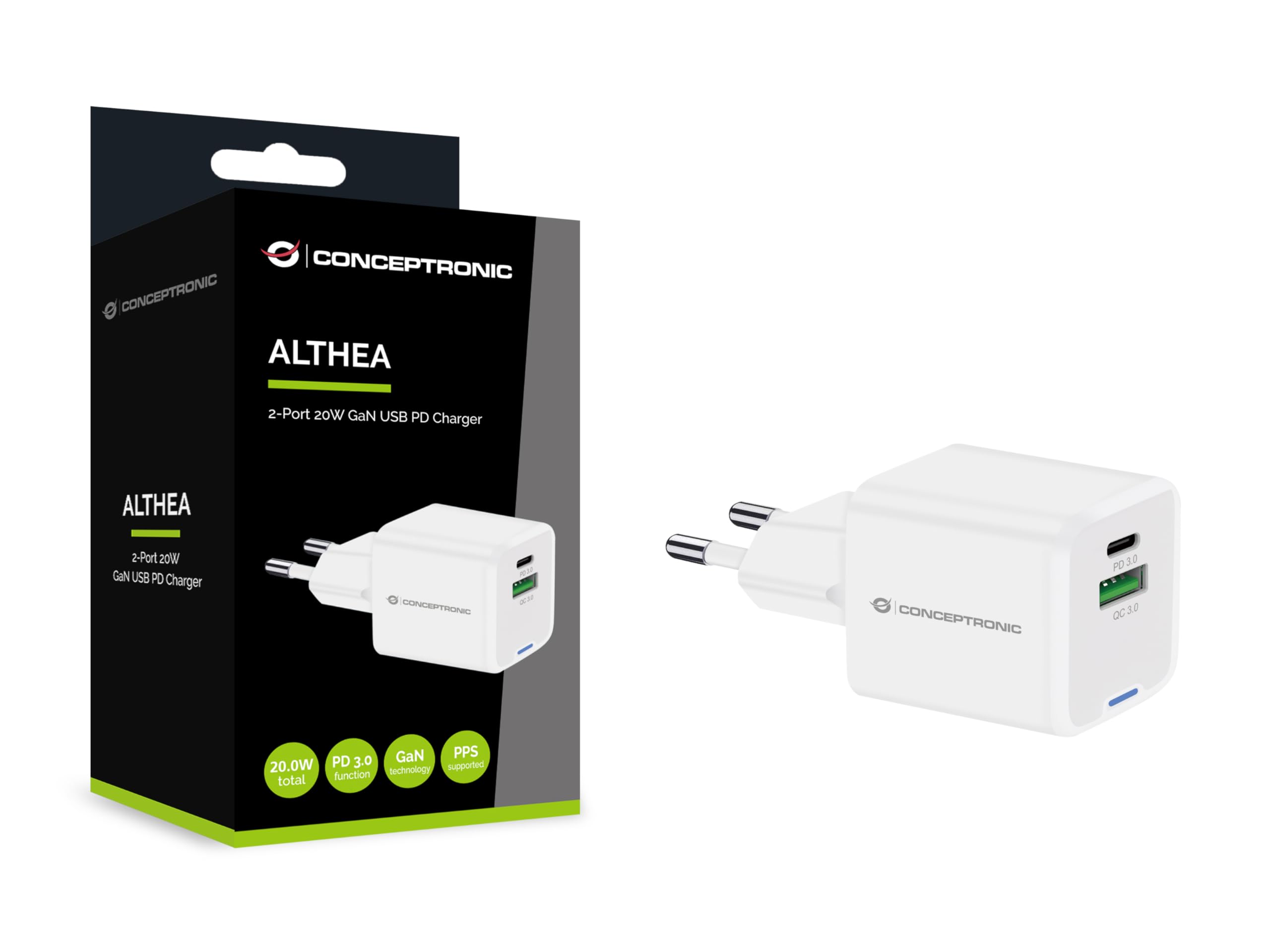 CONCEPTRONIC USB Charger PD GaN 2 Port 20W, USB-C x 1, USB-A x 1, QC 3.0, PPS