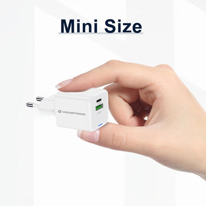 CONCEPTRONIC USB Charger PD GaN 2 Port 20W, USB-C x 1, USB-A x 1, QC 3.0, PPS