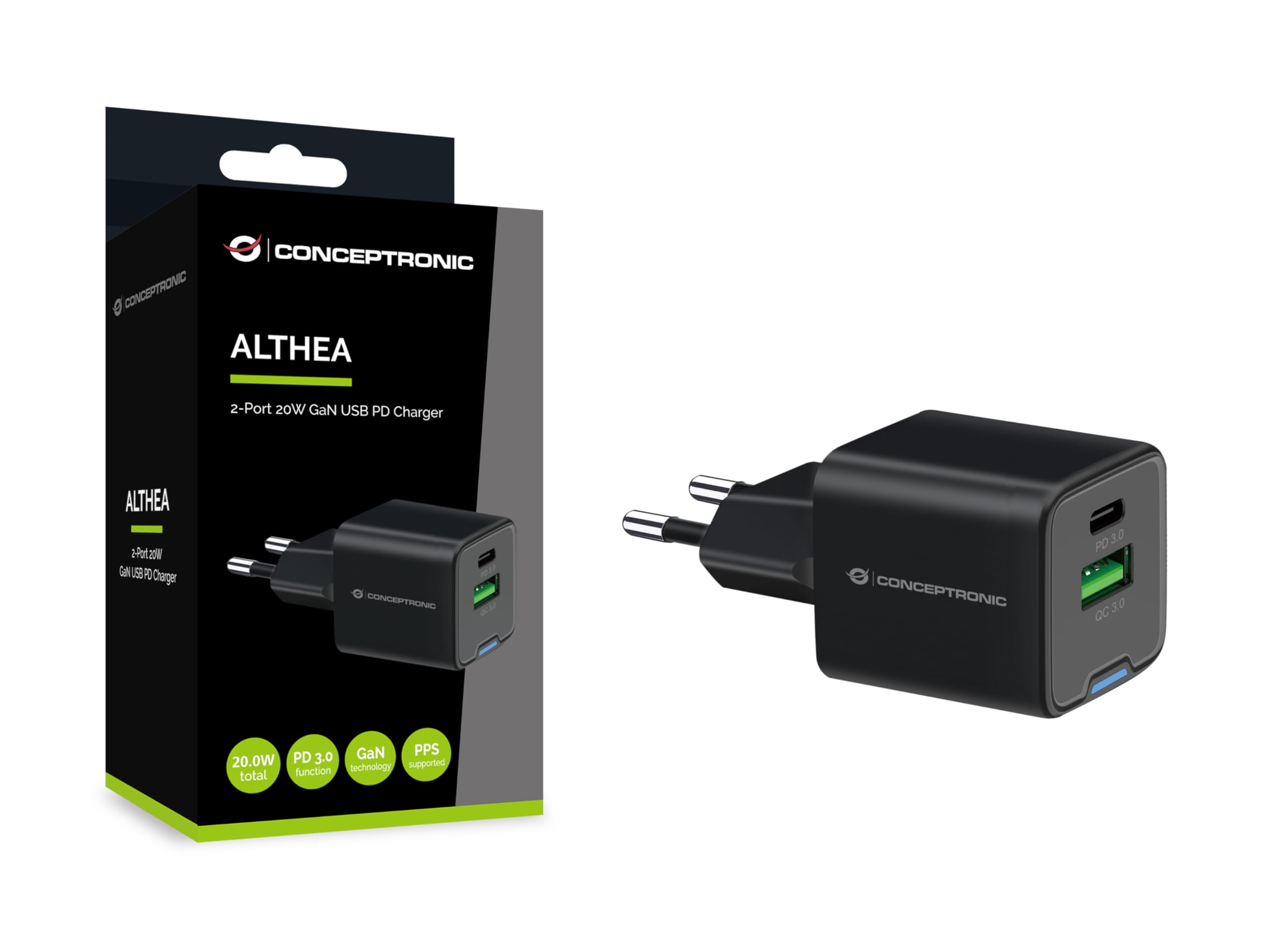 CONCEPTRONIC USB Charger PD GaN 2 Port 20W, USB-C x 1, USB-A x 1, QC 3.0, PPS