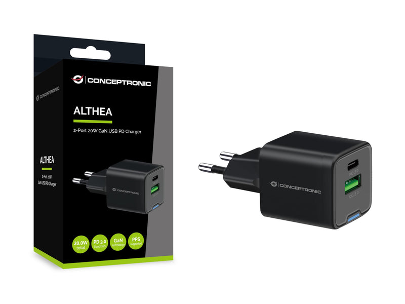 CONCEPTRONIC USB Charger PD GaN 2 Port 20W, USB-C x 1, USB-A x 1, QC 3.0, PPS