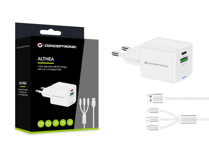 CONCEPTRONIC PD GaN 2 Port 33W USB Charger with 3 in 1 Charging Cable, USB-C x 1, USB-A x 1, QC 3.0, PPS
