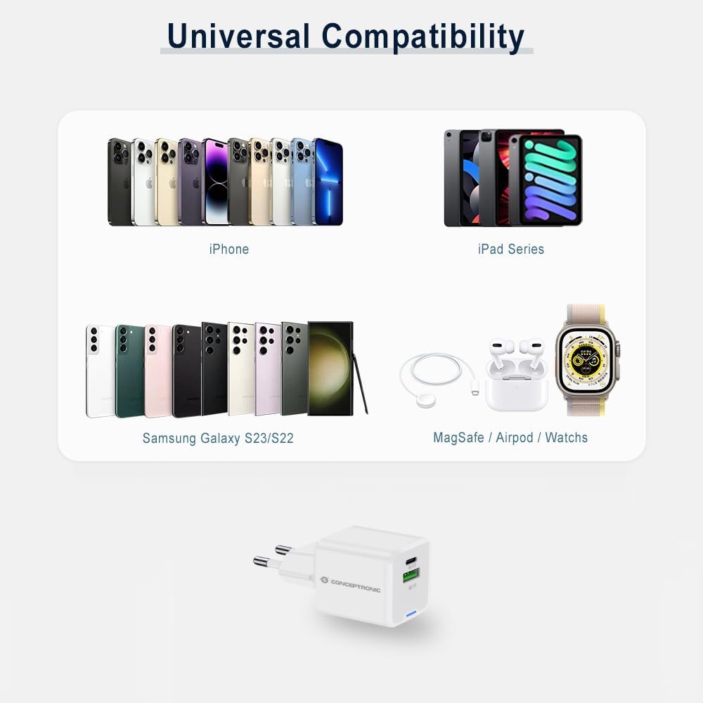 CONCEPTRONIC PD GaN 2 Port 33W USB Charger with 3 in 1 Charging Cable, USB-C x 1, USB-A x 1, QC 3.0, PPS