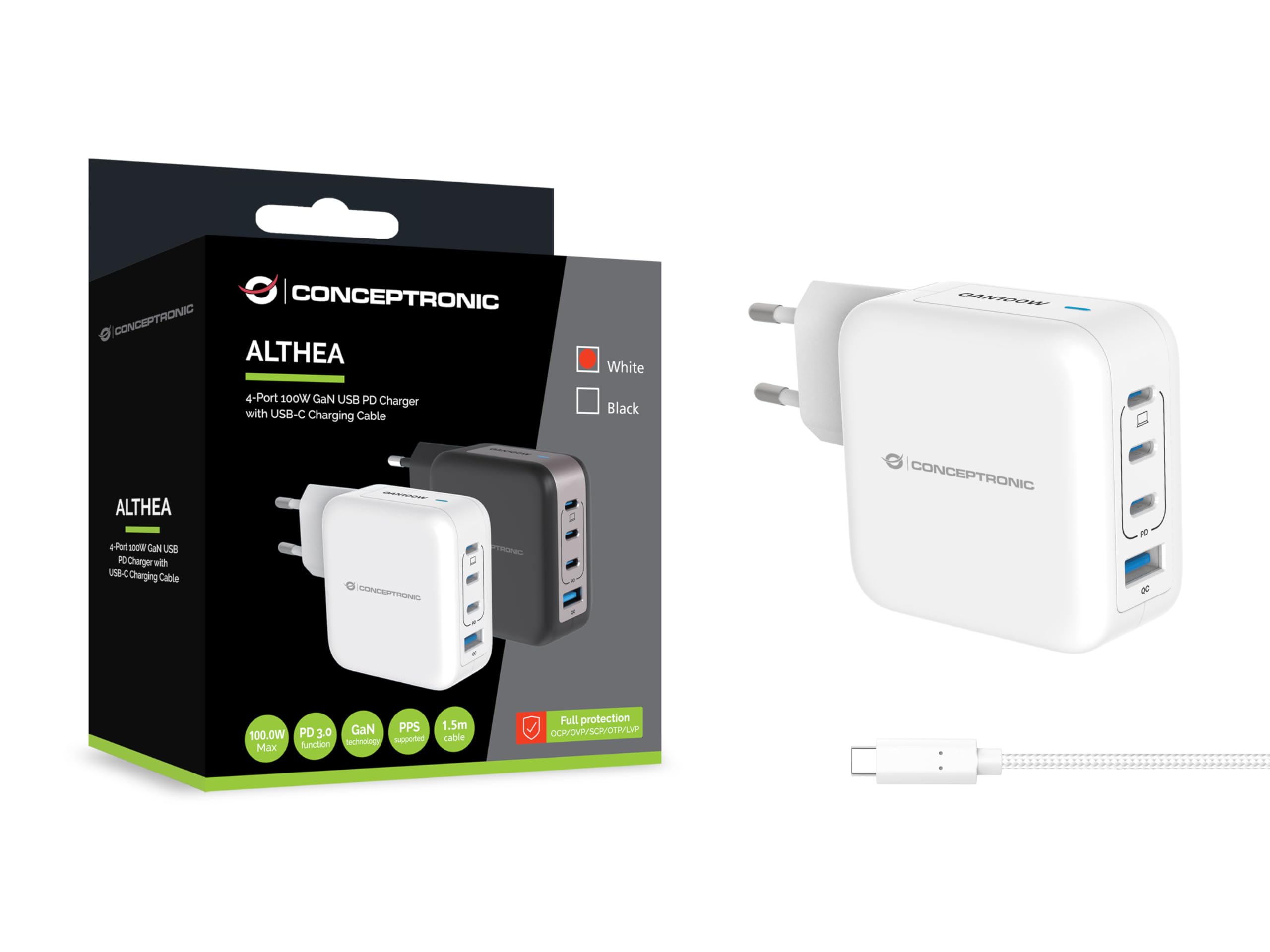 Conceptronic Caricatore USB per PC a 4 Porte 100 W GaN con Cavo di Ricarica USB-C, USB-C x 3, USB-A x 1, QC 3.0, PPS