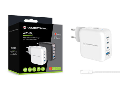 Conceptronic Caricatore USB per PC a 4 Porte 100 W GaN con Cavo di Ricarica USB-C, USB-C x 3, USB-A x 1, QC 3.0, PPS