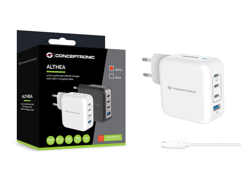 Conceptronic Caricatore USB per PC a 4 Porte 100 W GaN con Cavo di Ricarica USB-C, USB-C x 3, USB-A x 1, QC 3.0, PPS