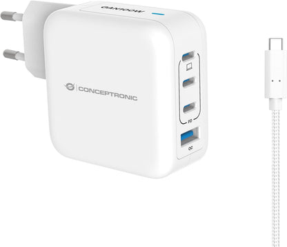 Conceptronic Caricatore USB per PC a 4 Porte 100 W GaN con Cavo di Ricarica USB-C, USB-C x 3, USB-A x 1, QC 3.0, PPS