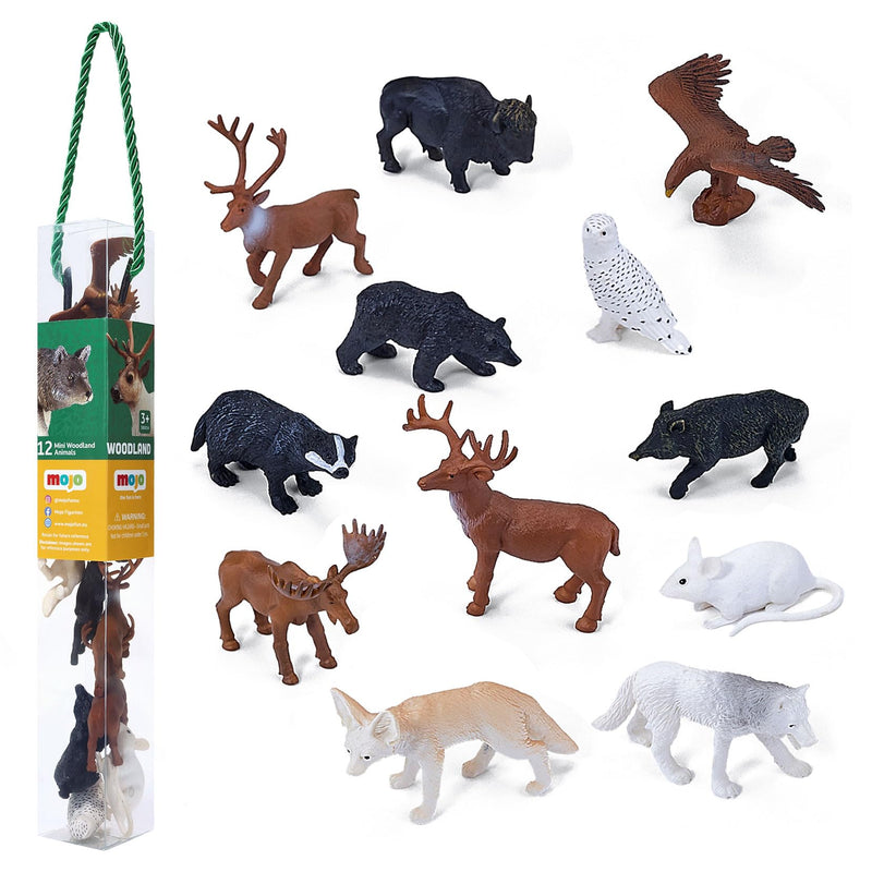 MOJO – Woodland Figure Mini Worlds Tube 12pc Deer, Eagle, Badger, Boar, Mouse, Wolf, Fox, Owl | Hand-Painted Toy Figure | Woodland Collection | True to Life & Highly Detailed | Designed in UK