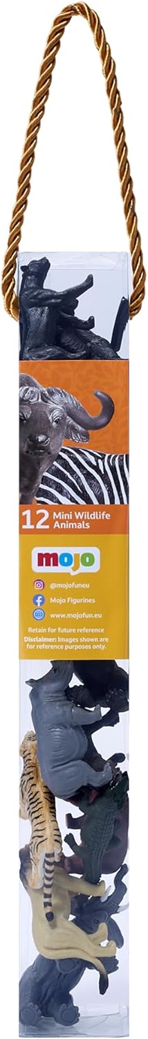 MOJO – African Wildlife Mini Worlds Tube Playset 12pc Lions, Giraffe, Gorilla, Panther, Rhino, Elephant, Zebra, Tiger, Hippo, Bull, Bear | Wildlife Collection | Designed in UK