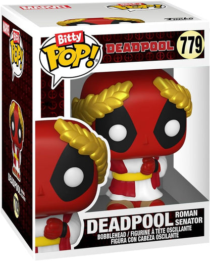 Funko Bitty Pop! Dinopool, Bitty Pop! Deadpool (Barista), Bitty Pop! Deadpool (Roman Senator), and a mystery Bitty Pop! figure - 0.9 Inch (2.2 Cm) Collectable - Stackable Display Shelf Included