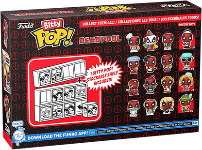 Funko Bitty Pop! Deadpool (Sleepover), Deadpool (Larp), Deadpool (Heavy Metal), and a mystery Bitty Pop! figure- 0.9 Inch (2.2 Cm) Collectable - Stackable Display Shelf Included