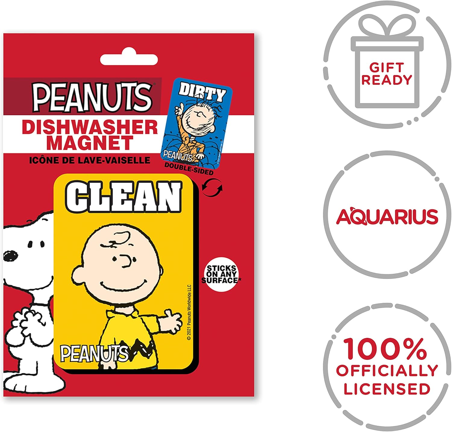 AQUARIUS Peanuts Charlie and Pig Pen Clean Dirty Double Sided Kitchen Dishwasher Magnet - with Adhesive Magnetic Plate for Non-Magnetic Surfaces - Officially Licensed Merchandise - 2.75 x 3.75 in