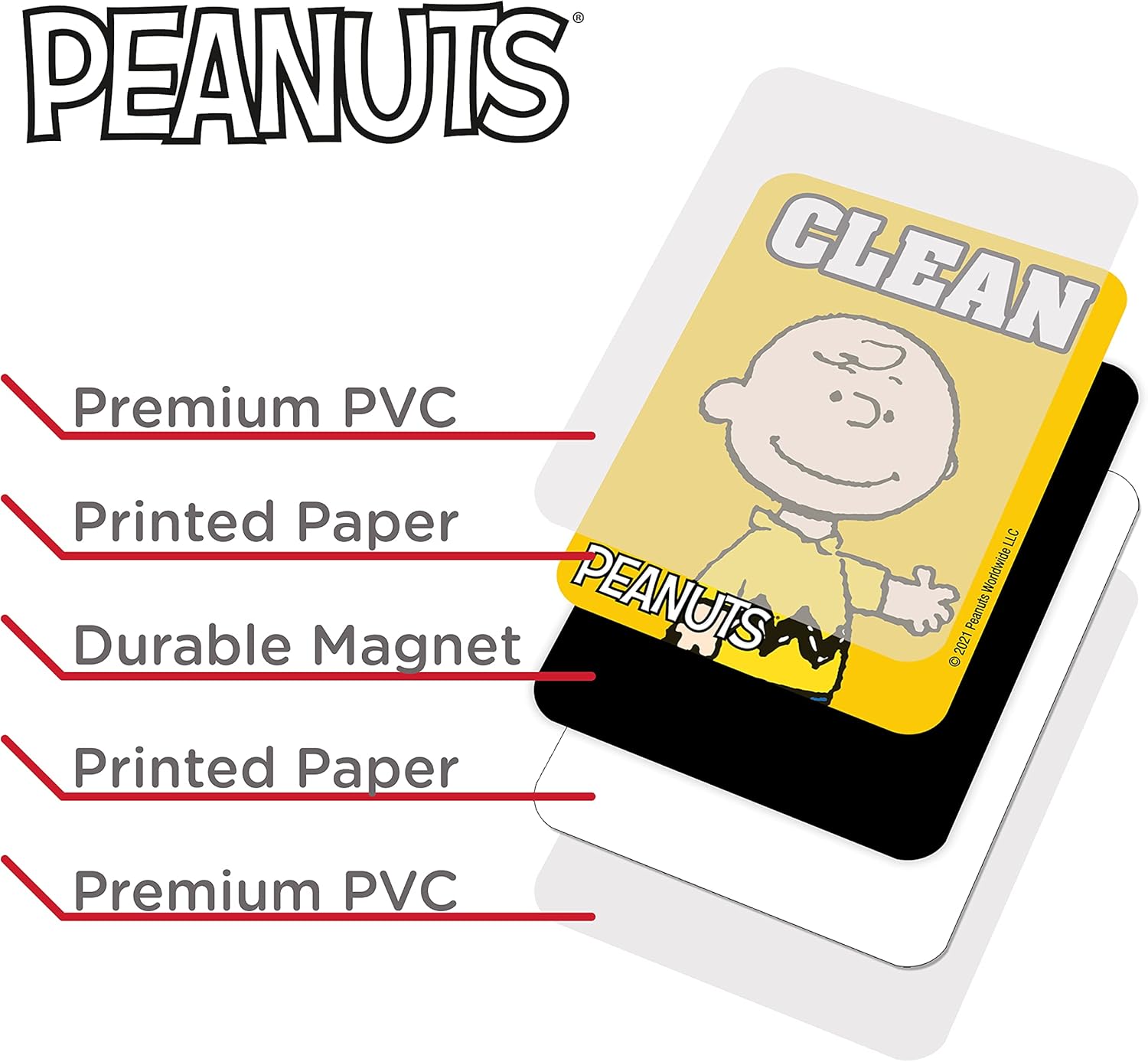 AQUARIUS Peanuts Charlie and Pig Pen Clean Dirty Double Sided Kitchen Dishwasher Magnet - with Adhesive Magnetic Plate for Non-Magnetic Surfaces - Officially Licensed Merchandise - 2.75 x 3.75 in