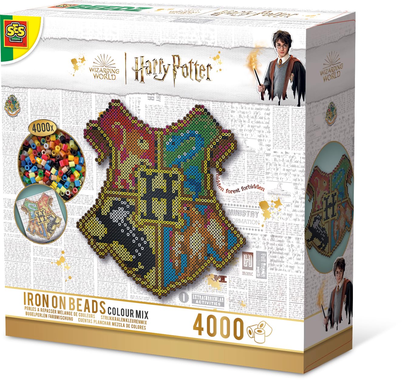 SES Creative 09346 Harry Potter Hogwarts Crest Fuse Beads DIY Set Wall Decoration with 4000 PVC Free Fusible Beads Hogwarts Logo with Full-size instruction poster
