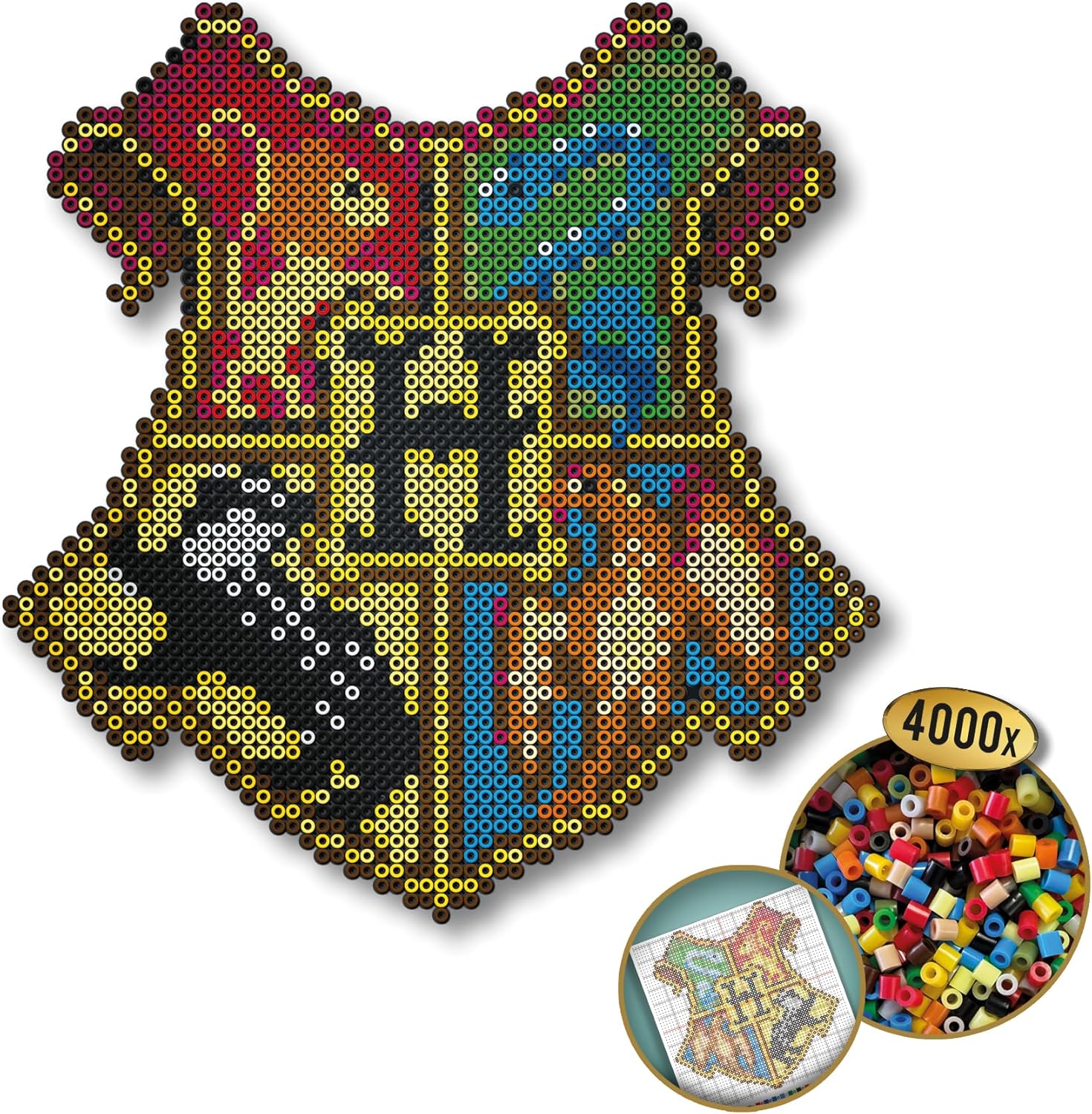SES Creative 09346 Harry Potter Hogwarts Crest Fuse Beads DIY Set Wall Decoration with 4000 PVC Free Fusible Beads Hogwarts Logo with Full-size instruction poster