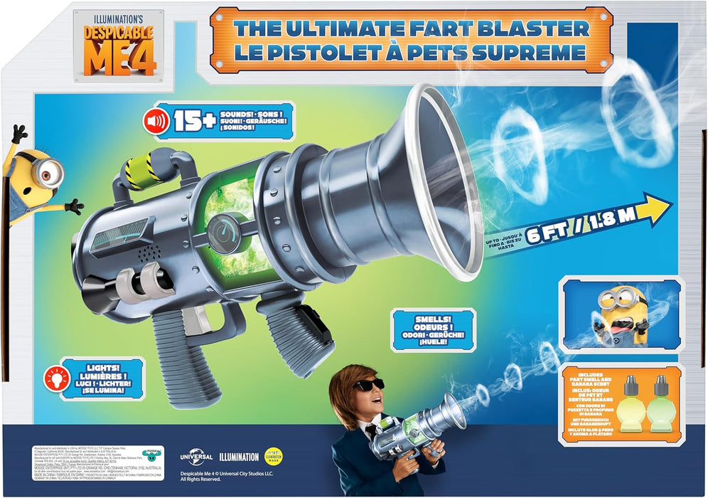 Despicable Me 4 The Ultimate Fart Blaster; Blasts out REAL Fart Rings of fog; Plays 15 Different Fart Sounds Lights Up and Emits Smells; It Includes 2 Different Scented Fart Formulas