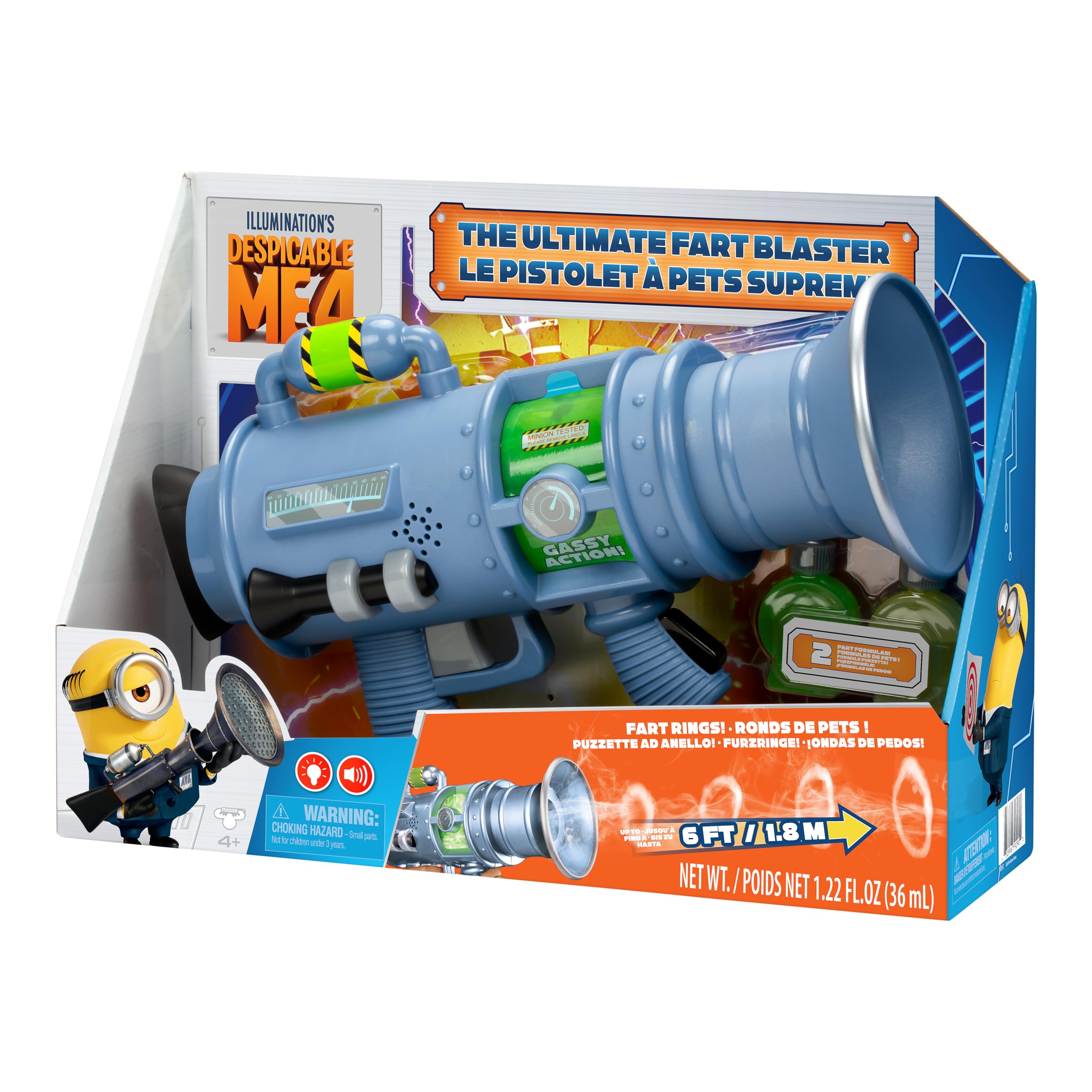 Despicable Me 4 The Ultimate Fart Blaster; Blasts out REAL Fart Rings of fog; Plays 15 Different Fart Sounds Lights Up and Emits Smells; It Includes 2 Different Scented Fart Formulas