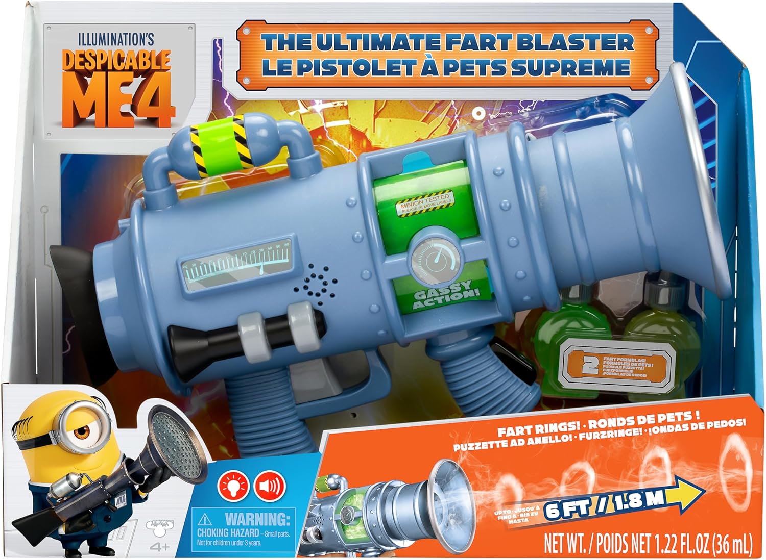 Despicable Me 4 The Ultimate Fart Blaster; Blasts out REAL Fart Rings of fog; Plays 15 Different Fart Sounds Lights Up and Emits Smells; It Includes 2 Different Scented Fart Formulas