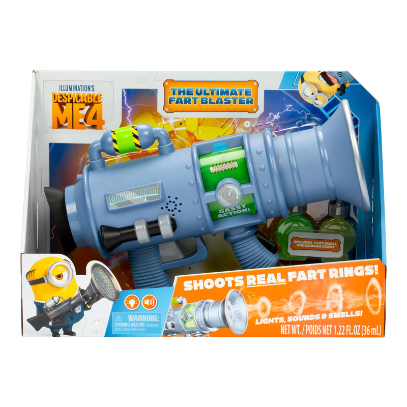 Despicable Me 4 The Ultimate Fart Blaster; Blasts out REAL Fart Rings of fog; Plays 15 Different Fart Sounds Lights Up and Emits Smells; It Includes 2 Different Scented Fart Formulas