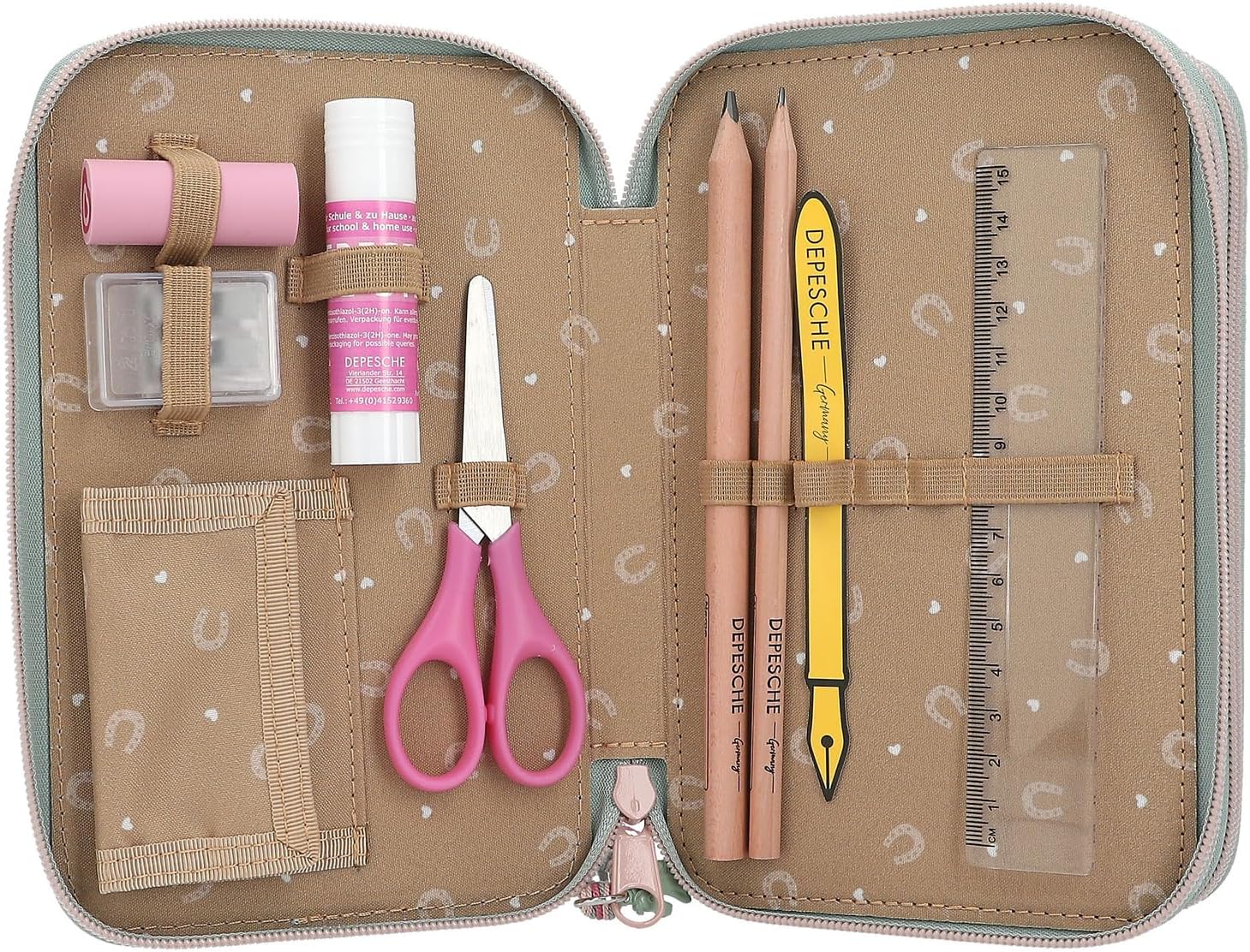 Depesche 13121 Miss Melody Hoof Clatter Pencil Case 3 Compartments in Pale Green, Horse Pattern, Pencil Case with Coloured Pencils, Ruler, Scissors and much more.