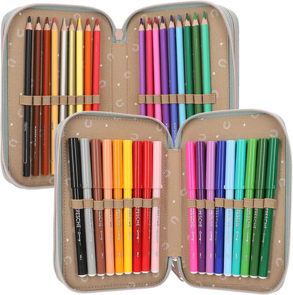 Depesche 13121 Miss Melody Hoof Clatter Pencil Case 3 Compartments in Pale Green, Horse Pattern, Pencil Case with Coloured Pencils, Ruler, Scissors and much more.