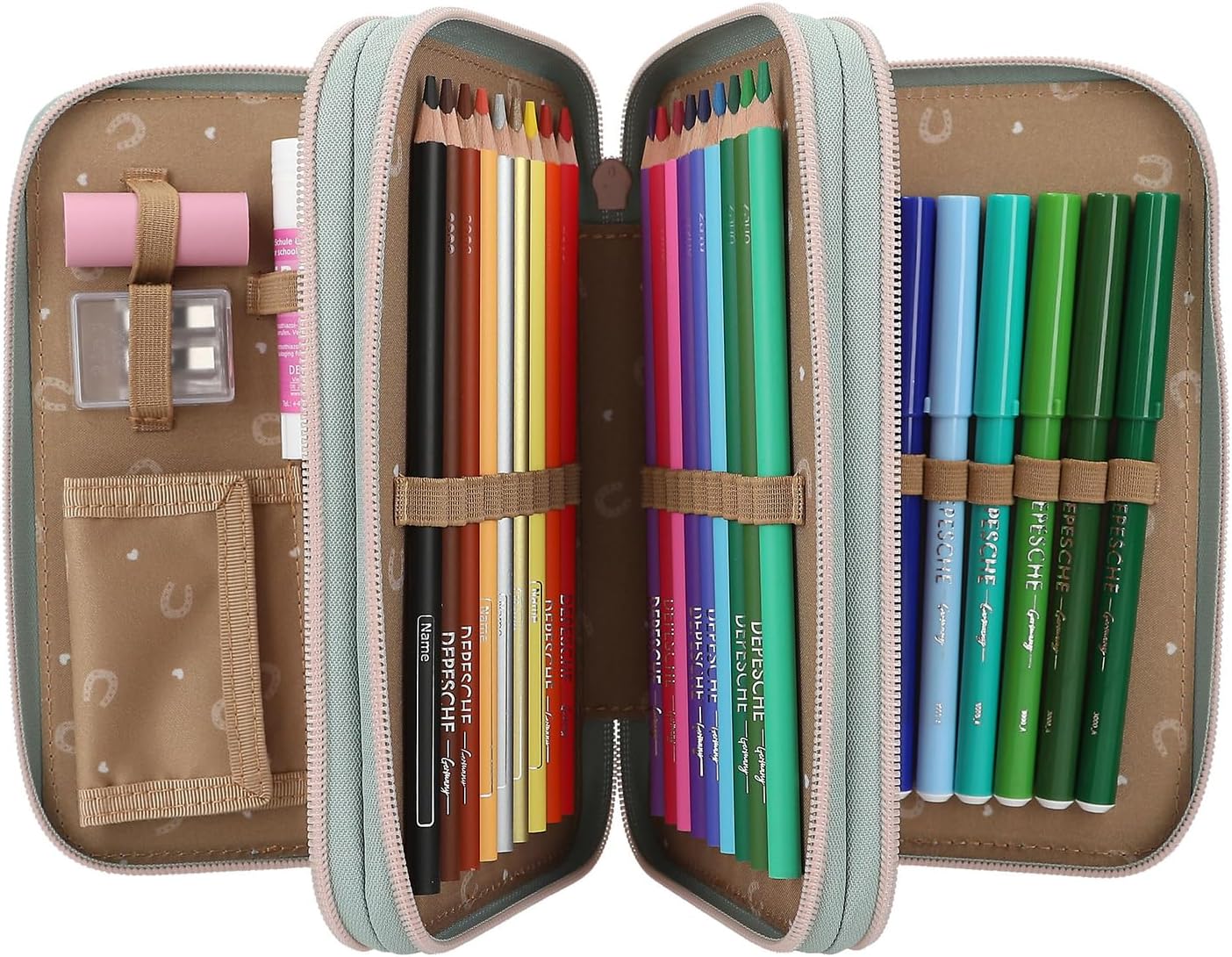 Depesche 13121 Miss Melody Hoof Clatter Pencil Case 3 Compartments in Pale Green, Horse Pattern, Pencil Case with Coloured Pencils, Ruler, Scissors and much more.