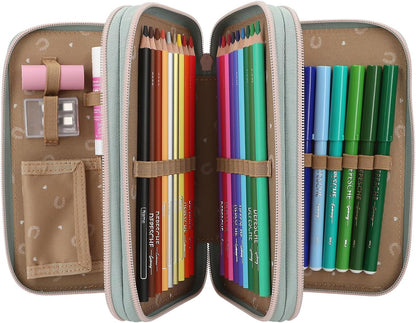 Depesche 13121 Miss Melody Hoof Clatter Pencil Case 3 Compartments in Pale Green, Horse Pattern, Pencil Case with Coloured Pencils, Ruler, Scissors and much more.