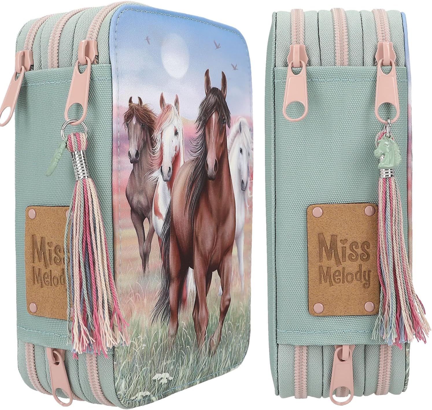 Depesche 13121 Miss Melody Hoof Clatter Pencil Case 3 Compartments in Pale Green, Horse Pattern, Pencil Case with Coloured Pencils, Ruler, Scissors and much more.