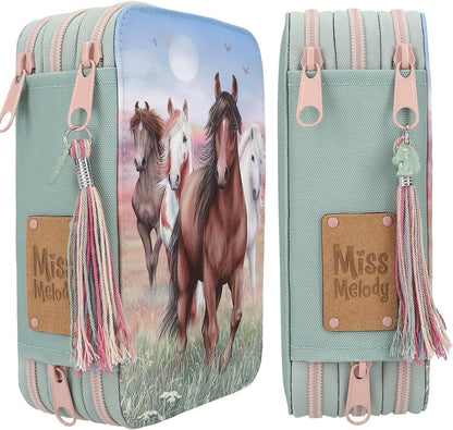 Depesche 13121 Miss Melody Hoof Clatter Pencil Case 3 Compartments in Pale Green, Horse Pattern, Pencil Case with Coloured Pencils, Ruler, Scissors and much more.