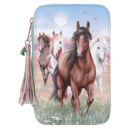Depesche 13121 Miss Melody Hoof Clatter Pencil Case 3 Compartments in Pale Green, Horse Pattern, Pencil Case with Coloured Pencils, Ruler, Scissors and much more.