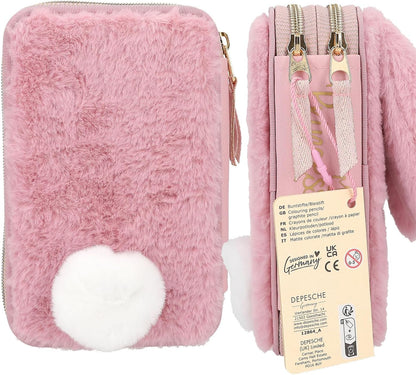 Depesche 12864 Princess Mimi Bunny Ballet - Filled 2-Compartment Pencil Case with Pink Plush Fur and Long Ears, Pencil Case with Colouring Pencils, Eraser, Sharpener and Much More