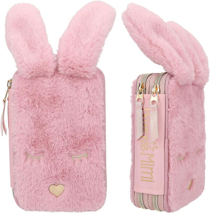 Depesche 12864 Princess Mimi Bunny Ballet - Filled 2-Compartment Pencil Case with Pink Plush Fur and Long Ears, Pencil Case with Colouring Pencils, Eraser, Sharpener and Much More