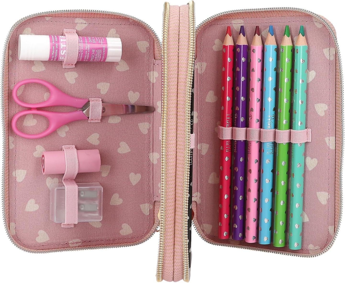 Depesche 12864 Princess Mimi Bunny Ballet - Filled 2-Compartment Pencil Case with Pink Plush Fur and Long Ears, Pencil Case with Colouring Pencils, Eraser, Sharpener and Much More