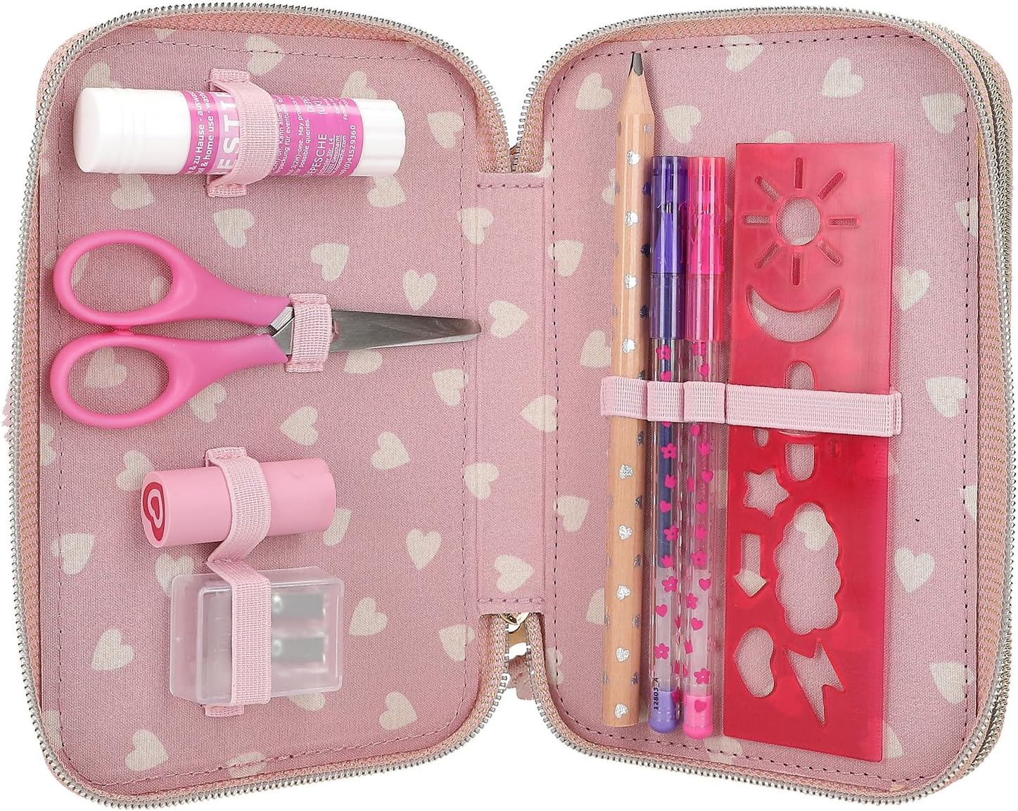 Depesche 12864 Princess Mimi Bunny Ballet - Filled 2-Compartment Pencil Case with Pink Plush Fur and Long Ears, Pencil Case with Colouring Pencils, Eraser, Sharpener and Much More