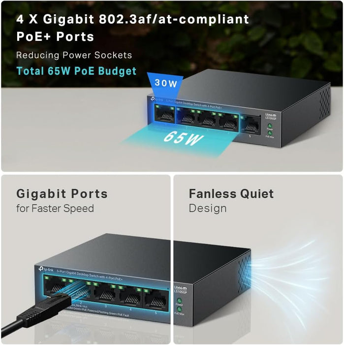 TP-Link 5-Port Gigabit Desktop Switch with 4-Port PoE+, up to 10 Gbps switching capacity, 65 W PoE Budget up to 250 m Transmission, desktop or wall-mounting design, Plug and play, metal case(LS105GP