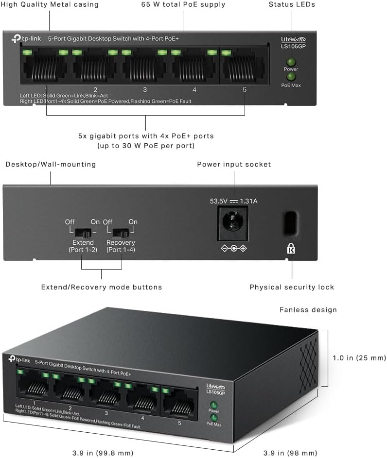 TP-Link 5-Port Gigabit Desktop Switch with 4-Port PoE+, up to 10 Gbps switching capacity, 65 W PoE Budget up to 250 m Transmission, desktop or wall-mounting design, Plug and play, metal case(LS105GP