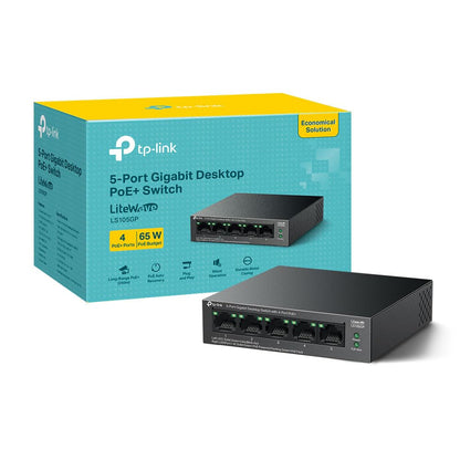 TP-Link 5-Port Gigabit Desktop Switch with 4-Port PoE+, up to 10 Gbps switching capacity, 65 W PoE Budget up to 250 m Transmission, desktop or wall-mounting design, Plug and play, metal case(LS105GP