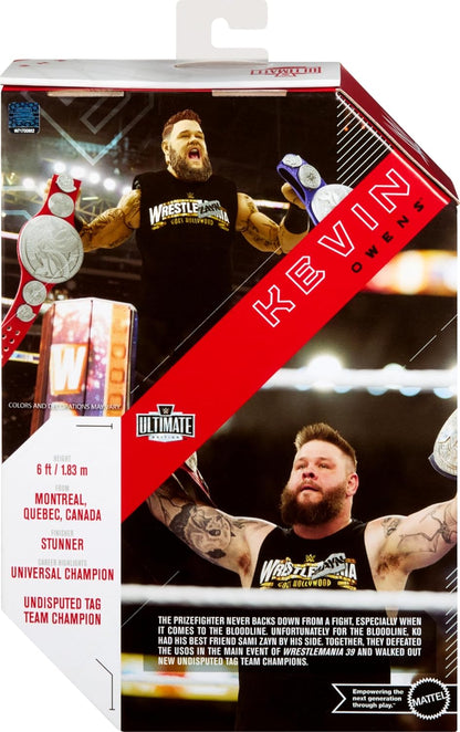 Mattel WWE Ultimate Edition Action Figure & Accessories, 6-inch Kevin Owens Collectible Set, Swappable Heads & Hands, Entrance Gear & 30 Articulation Points, HWP54