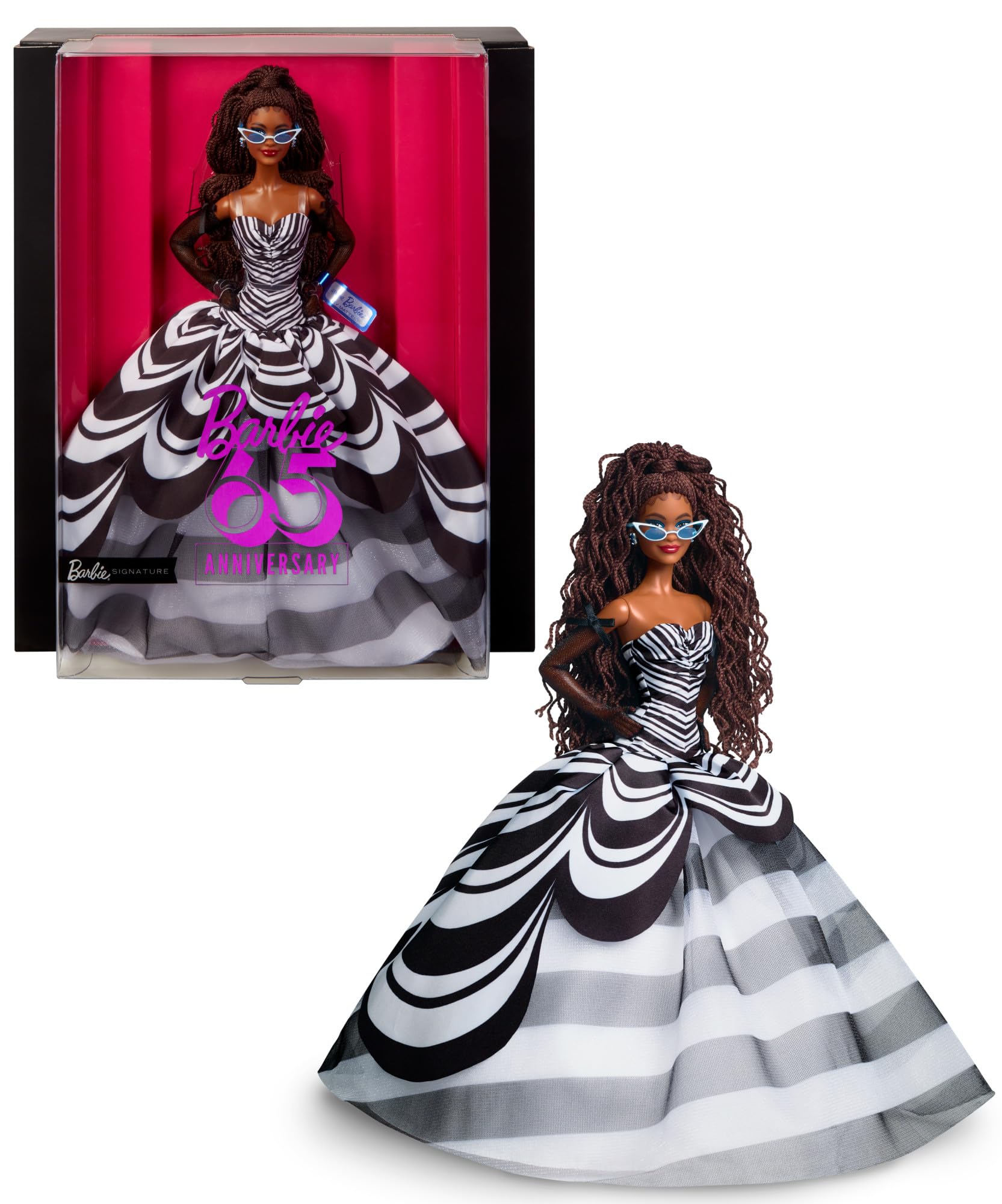 Barbie Signature Doll, 65th Anniversary Collectible with Brown Braided Hair, Black & White Gown, Sapphire Gem Earrings & Sunglasses
