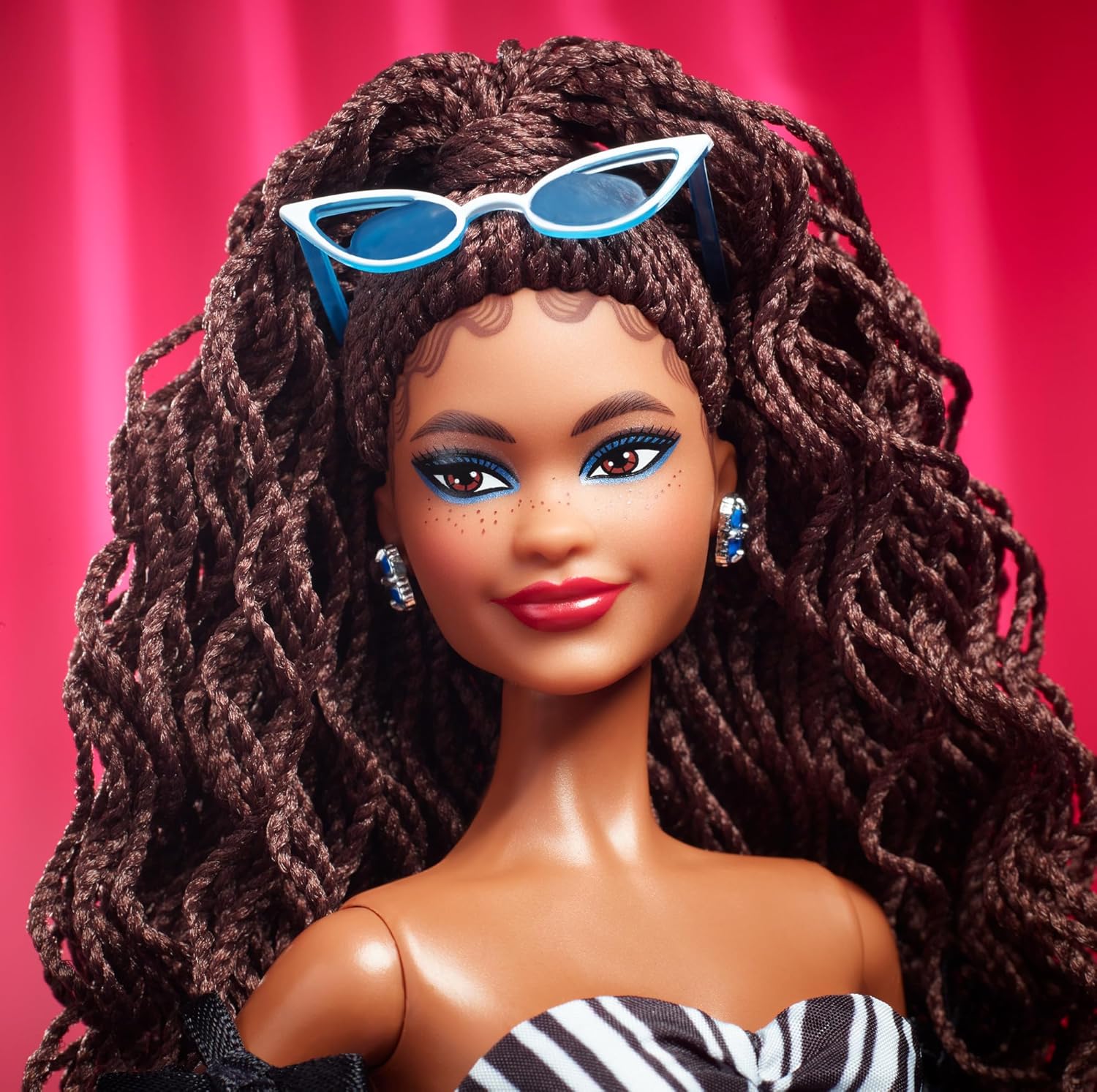 Barbie Signature Doll, 65th Anniversary Collectible with Brown Braided Hair, Black & White Gown, Sapphire Gem Earrings & Sunglasses