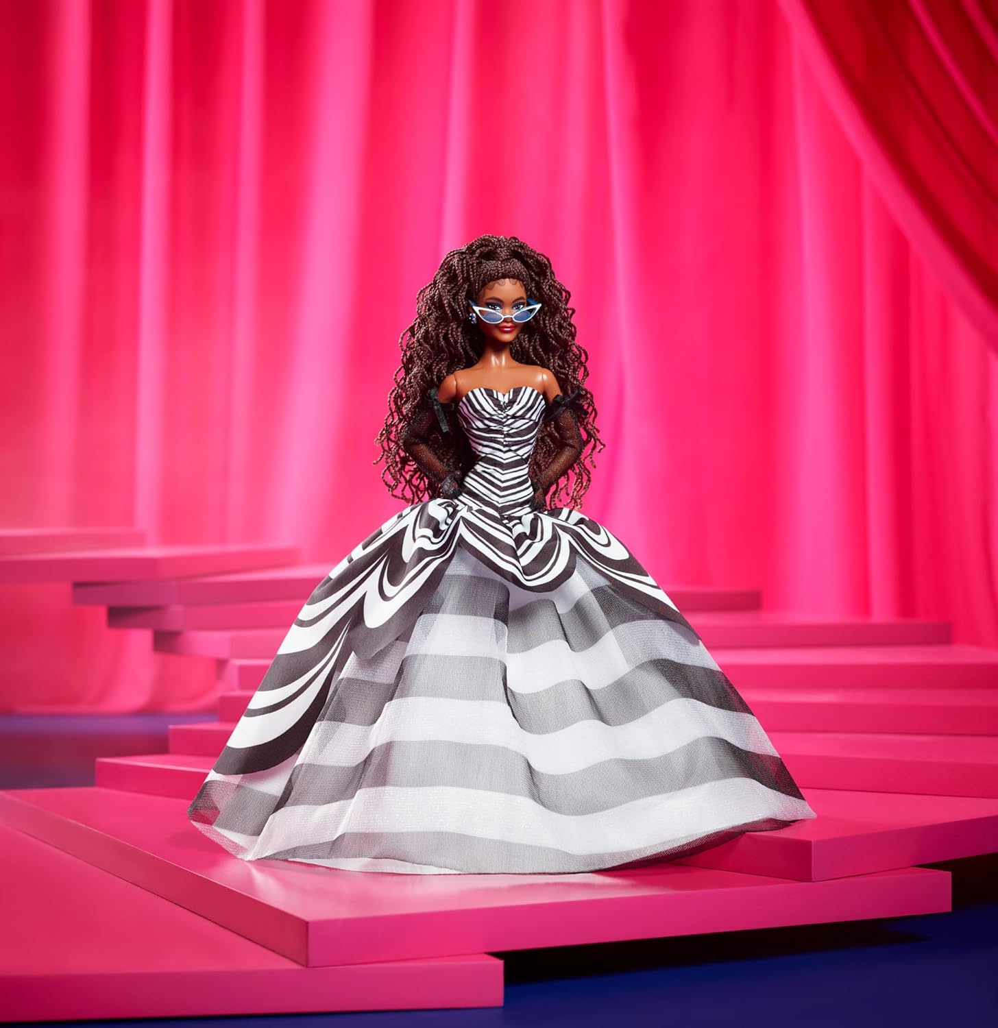 Barbie Signature Doll, 65th Anniversary Collectible with Brown Braided Hair, Black & White Gown, Sapphire Gem Earrings & Sunglasses