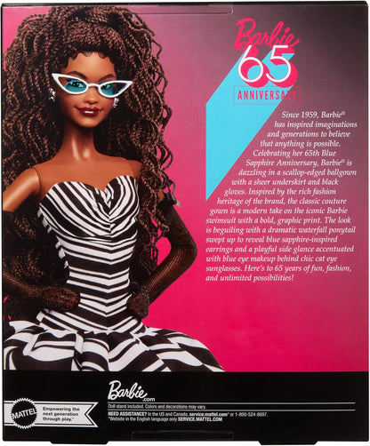 Barbie Signature Doll, 65th Anniversary Collectible with Brown Braided Hair, Black & White Gown, Sapphire Gem Earrings & Sunglasses