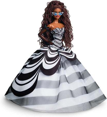Barbie Signature Doll, 65th Anniversary Collectible with Brown Braided Hair, Black & White Gown, Sapphire Gem Earrings & Sunglasses
