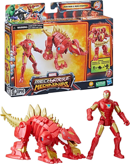 Marvel Mech Strike Mechasaurs, 4-Inch Iron Man with Iron Stomper Mechasaur Action Figures, Super Hero Toys for Kids Ages 4 and Up