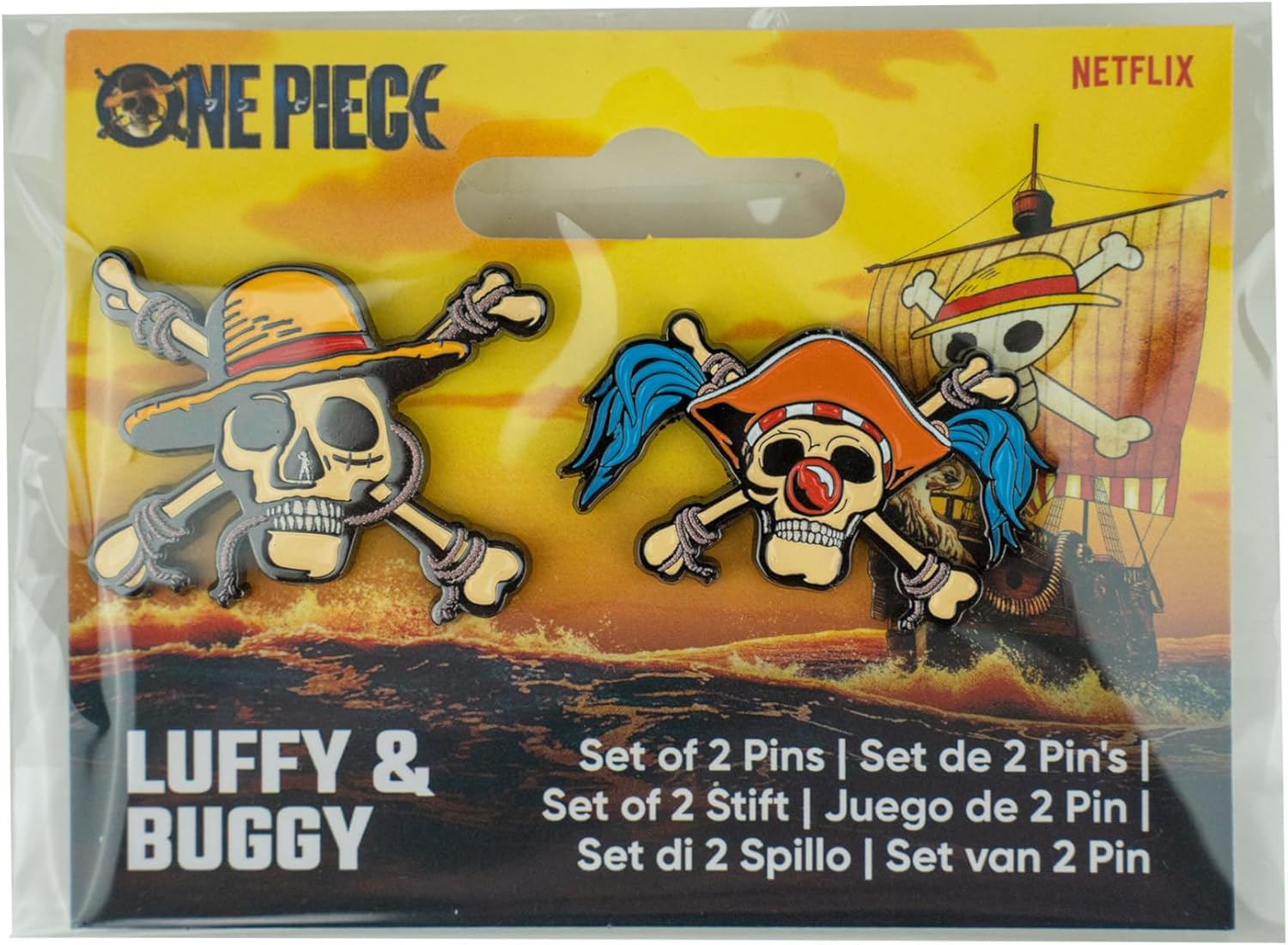 Cinereplicas One Piece - Set of 2 Luffy/Buggy/Zoro/Usopp/Nami/Arlong/Sanji/Zeff Pins - Official License