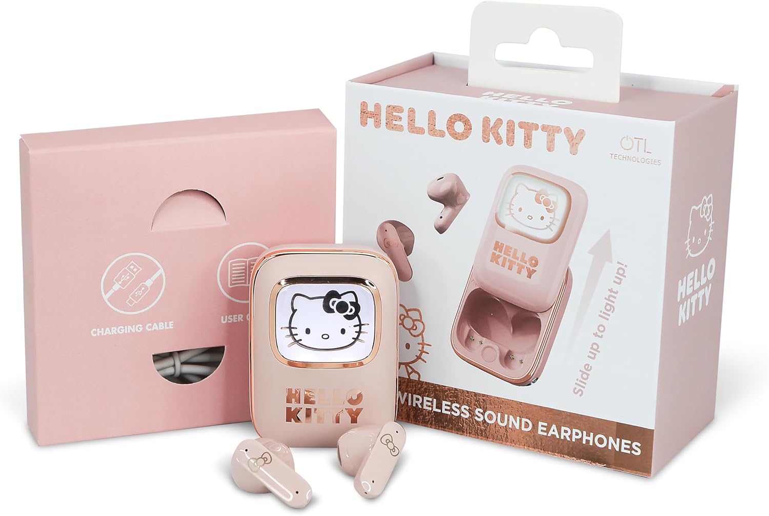 OTL Technologies HK1281 Hello Kitty Slide Open TWS Earphones with LED Light Up Display and Wireless Charging Case - Pink