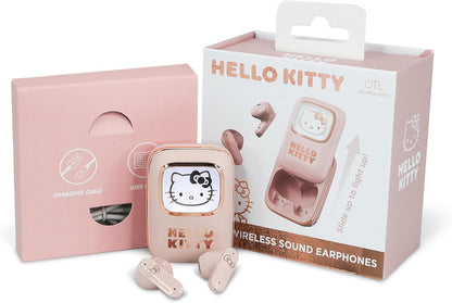 OTL Technologies HK1281 Hello Kitty Slide Open TWS Earphones with LED Light Up Display and Wireless Charging Case - Pink